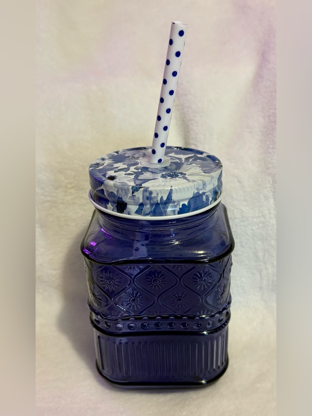 Blue Decorative Glass Mason Jar Tumbler with Floral Lid